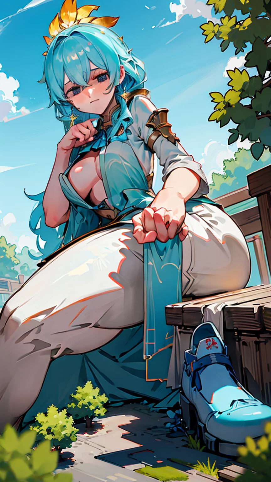 In the middle of a sprawling city park, the Giantess Goddess with sky blue skin and cloud white eyes steps over trees and benches. Her hair, a cascade of white flames, sets the greenery ablaze as she moves. Normal-sized park-goers scatter, but many are caught and crushed underfoot. She scoops up the survivors, pressing them against her sky blue curves, their struggles fueling her pleasure.