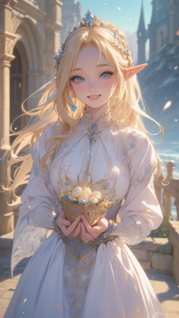  work of art, epic details, ultra detaild, best resolution, blonde, Braided hair, (BEAUTIFUL ELF), crown with crystals {olhos ultra detailds} ((rosto angelical)), sculptural body, (medieval peasant clothing ((perfect hands))), ((expression of happiness)), (Grinning), great smile, Simple smile,
medieval scenery, Tavern
