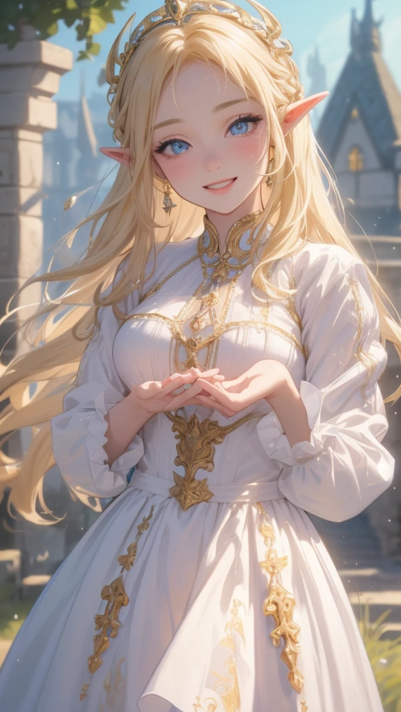  work of art, epic details, ultra detaild, best resolution, blonde, Braided hair, (BEAUTIFUL ELF), crown with crystals {olhos ultra detailds} ((rosto angelical)), sculptural body, (medieval peasant clothing ((perfect hands))), ((expression of happiness)), (Grinning), great smile, Simple smile,
medieval scenery, Tavern