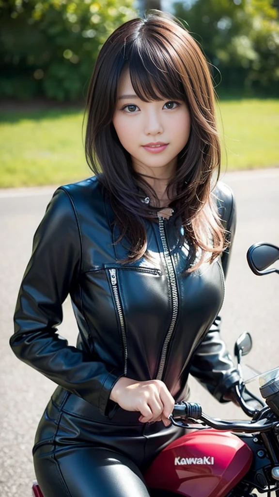 Close-up of a cute Japanese girl riding a motorcycle,Wearing pink leather jumpsuit、Kawasaki large bike、
