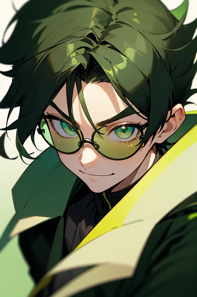 , expressive eyes), 1boy, (anime), (male), (adult), (black hair), green gradient hair, green eyes, black jacket, (green tainted glasses), black gloves. upper body, smiling face, facing towards camera, sunshine on the person, street background
