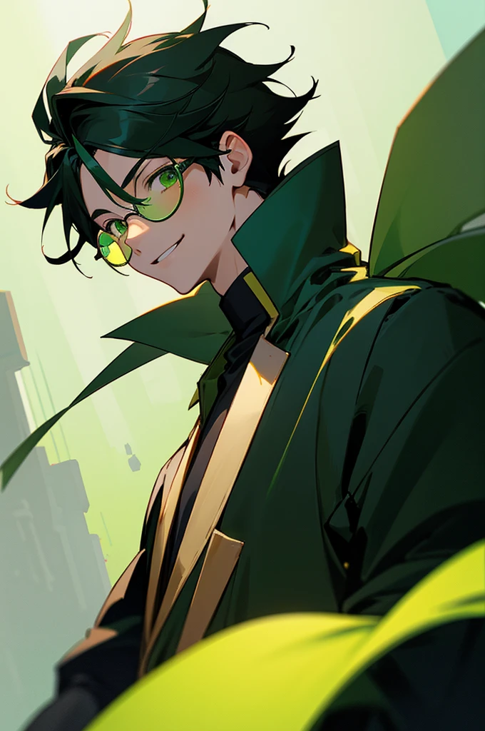 , expressive eyes), 1boy, (anime), (male), (adult), (black hair), green gradient hair, green eyes, black jacket, (green tainted glasses), black gloves. upper body, smiling face, facing towards camera, sunshine on the person, street background