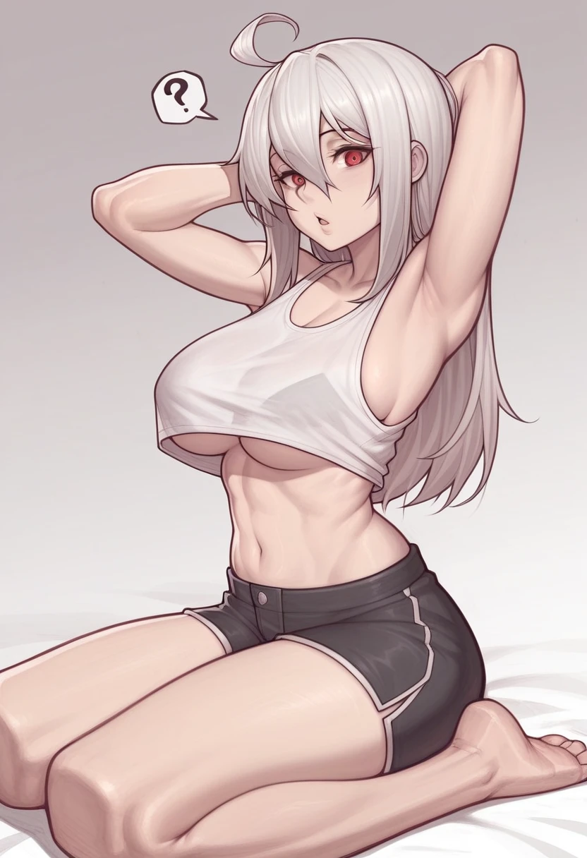 _asura style, 1girl, breasts, eris_greyrat, solo, red_eyes, one_eye_closed, underboob, red_hair, long_hair, open_mouth, ahoge, shorts, shirt, sitting, large_breasts, black_shorts, white_background, tank_top, looking_at_viewer, hair_between_eyes, bangs, simple_background, armpits, open_clothes, aged_up, open_shirt, barefoot, short_shorts, white_shirt, arm_up, ?, crop_top, ;o