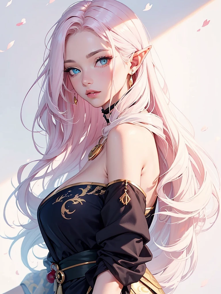 masterpiece, accurate, anatomically correct, super detail, high details, high quality, best quality, highres, 4K, 1 adult woman aged 25, elven woman, elf, pale and milky skin, long sakura pink hair with blunt bangs, (heterochromia, golden left eye and red right eye), (bright Eyes), long and pointed ears, (She wears a traditional Japanese kimono, made of silk with golden dragon designs, richly detailed), wears a leather choker with a pink ruby pendant, she has a serene and seductive face, she has a perfect body and is extremely beautiful, She is in a frontal posture, facing the viewer, She is in a room of an English medieval castle, Character Design, RPG, RPG Character Illustration, character concept art