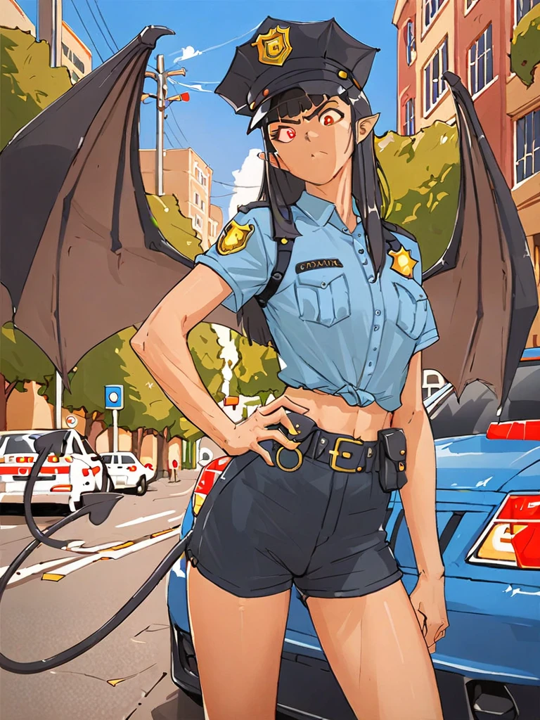 score_5_up, score_6_up, score_7_up, score_8_up, score_9_up, 1girl, solo, mgqeva, standing, hand on hip, pointing at viewer, wearing (police uniform, shorts, cop hat), demon wings, demon tail, outdoors, traffic, cars, angry
