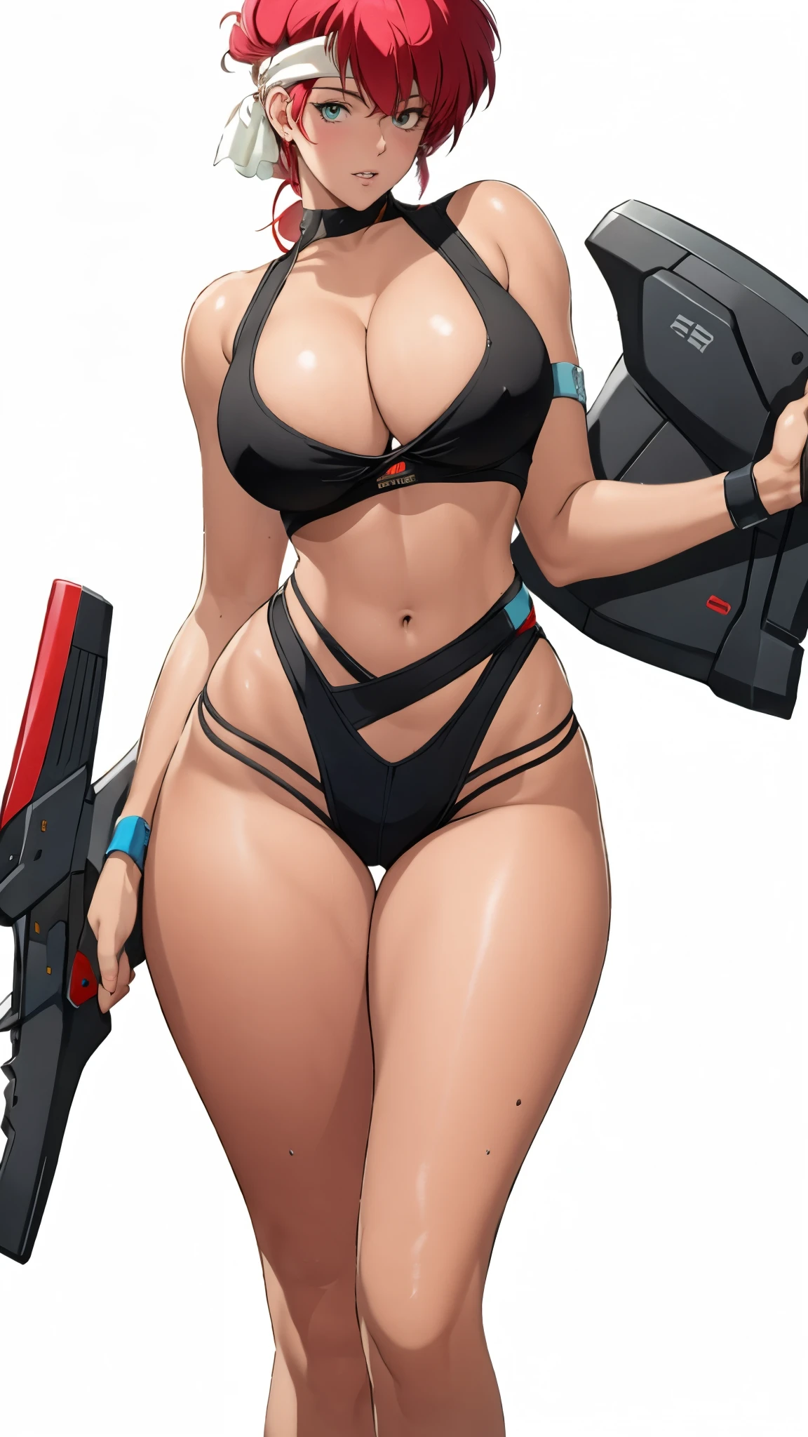 ((Masterpiece, highest quality; 1.3)), super quality, beautiful detail, super detailed, extra fine, 16K, exquisite, absurd, high resolution, beautiful background, detailed background, beautiful eyes, beautiful skin, anime style, Kay from Dirty Pair in a white outfit, tight outfit, cleavage, bushy redhead beauty, very light blue uniform, wearing tight clothes, skimpy, (mid chest: 1.2), cleavage, cleavage, slim waist , thin waist, slim thighs, thin legs, slim legs. thigh gap, showing stomach, skinny, thin hips, cyberpunk city background, holding retro space gun , headband, 