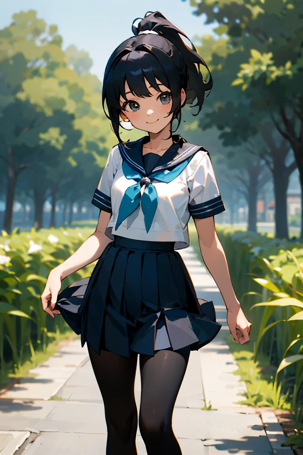 In the best quality、Teenage girl standing outdoors。In high resolution、Beautiful details、Quiet atmosphere。Black hair ponytail、Cute Smile.。Small breasts、Short-sleeved sailor uniform、Pleated skirt、Black tights。