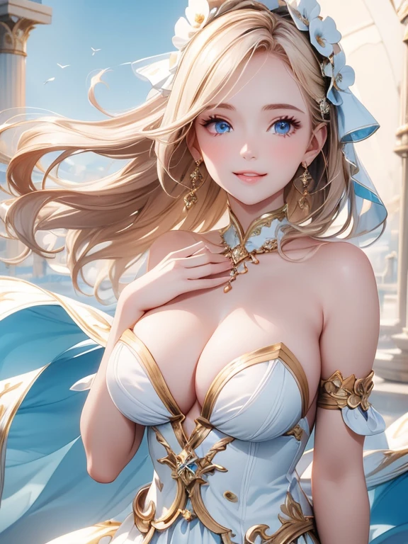 (Highest quality,Super detailed,High resolution,masterpiece,8K),Bright and vibrant colors,Official artwork,Greek white costume,Stylish makeup,Mid-length, shiny blonde hair fluttering in the wind,Captivating eyes,Beautiful Blue Eyes、Glossy Lips,Beautiful woman with ample breasts,Beautiful neck line, Holding,Captivating smile,whole body,,Old Temple,flower,Detailed CG,