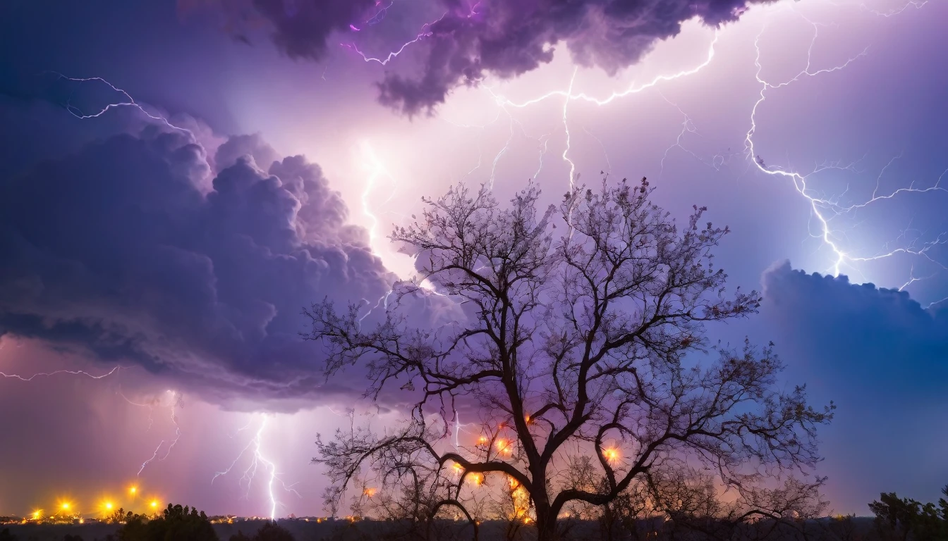 Background of lightning strikes, branches giving off beautiful bright colored light, above a cloudy sky, fropeseonal photo, perfect