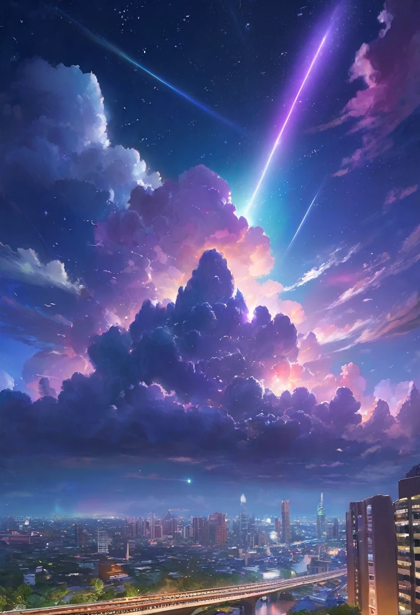 Studio Jibli, meteoriteสีเขียว มีหางเป็นทางยาว, in the sky of Bangkok, full of skyscrapers, sky train, A road with many cars passing by.., night time , starry sky, galaxy, Ghibli style , 4k , Masterpiece, various colored lights, Photorealisticlight reflected in the sky, Night atmosphere,(full moon:1.2),(meteorite:0.tar Cloud:1.3),warm light source:1.2),lamp lights,Lots of purple and orange....,detailsที่ซับซ้อน,lightตามปริมาตร,Realism BREAK(ผลMasterpiece:1.2),(best quality),8k,มีdetailsมาก,(dynamic elements:1.4),ซึ่งมีdetailsมาก,detailsที่มีสีสัน,(rainbow colors:1.2),(light,atmosphere light),dream magical,magical,(single:1.2),((best quality)), ((ผลMasterpiece)), (details:1.4),Maximum depth of field and clarity,perfect proportions,fluttering clouds