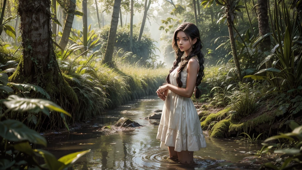 Candid, outdoor photograph featuring a woman with long, dark hair styled in two braids. She has fair skin and is wearing a white, sleeveless dress that is heavily soiled with mud and dirt. The background shows a lush, green, forested area with a body of water covered in green algae. The overall mood of the image is raw and natural, capturing the subject in a moment of interaction with the muddy environment.