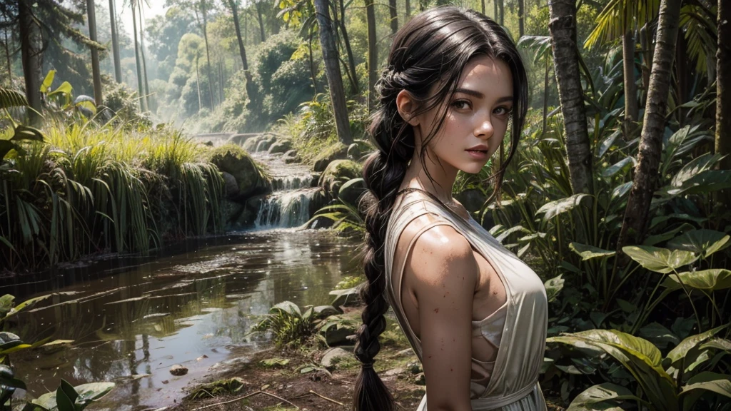 Candid, outdoor photograph featuring a woman with long, dark hair styled in two braids. She has fair skin and is wearing a white, sleeveless dress that is heavily soiled with mud and dirt. The background shows a lush, green, forested area with a body of water covered in green algae. The overall mood of the image is raw and natural, capturing the subject in a moment of interaction with the muddy environment.
