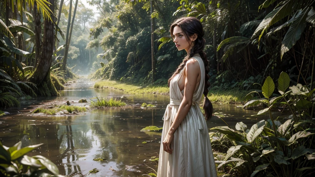 Candid, outdoor photograph featuring a woman with long, dark hair styled in two braids. She has fair skin and is wearing a white, sleeveless dress that is heavily soiled with mud and dirt. The background shows a lush, green, forested area with a body of water covered in green algae. The overall mood of the image is raw and natural, capturing the subject in a moment of interaction with the muddy environment.