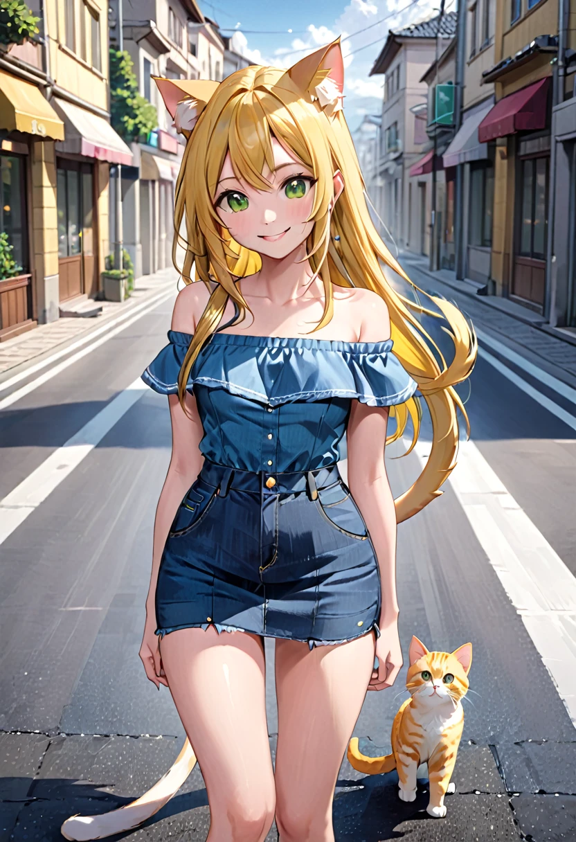 (( straight face picture )) ((best quality)),  ((Masterpiece)), (details), Young woman ,cat ears ,yellow hair , Slender eyes , according to green  ,Yellow open-shoulder shirt outfit , jeans skirt , has a tail, big breasts,Big butt, Look straight. ,city

