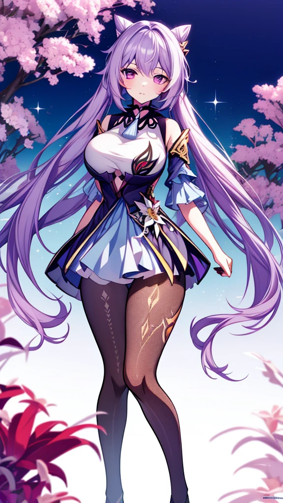 KeqingGenshin_NDV, 1girl, purple hair, large breasts, long hair, twintail, purple eyes, pantyhose, cone hair bun, double bun, (Beautiful,Huge_Breasts:1.3),
BREAK
, 1girl, solo, Standing in the garden, full body, full figure,
BREAK
, Garden,
BREAK
, choker, short skirt, detached sleeves, frills,
BREAK
, official art, extremely detailed CG unity 8k wallpaper, perfect lighting, Colorful, (best_quality:1.0), ultra high res,4K, ultra-detailed, 8K, HDR, high resolution,  absurdres:1.2, film grain, blurry background, (vibrant_color:1.2), (beautiful_face:1.5), (narrow waist),