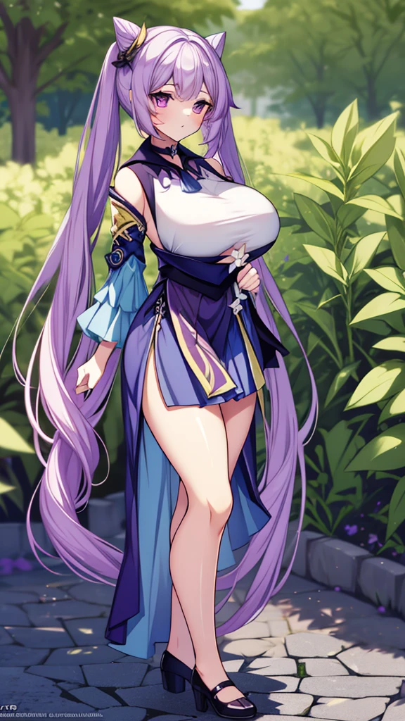 KeqingGenshin_NDV, 1girl, purple hair, large breasts, long hair, twintail, purple eyes, pantyhose, cone hair bun, double bun, (Beautiful,Huge_Breasts:1.3),
BREAK
, 1girl, solo, Standing in the garden, full body, full figure,
BREAK
, Garden,
BREAK
, choker, short skirt, detached sleeves, frills,
BREAK
, official art, extremely detailed CG unity 8k wallpaper, perfect lighting, Colorful, (best_quality:1.0), ultra high res,4K, ultra-detailed, 8K, HDR, high resolution,  absurdres:1.2, film grain, blurry background, (vibrant_color:1.2), (beautiful_face:1.5), (narrow waist),