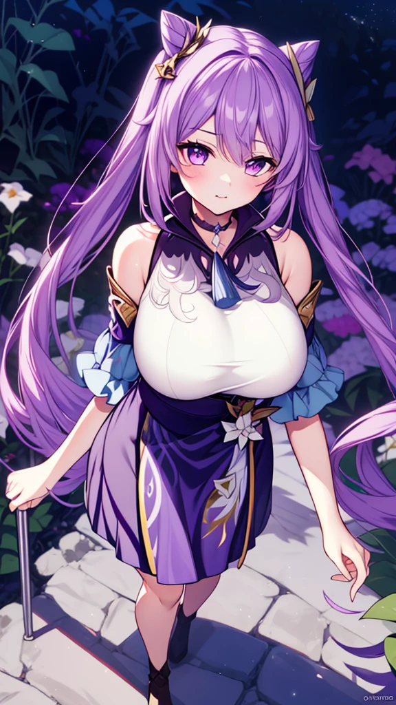 KeqingGenshin_NDV, 1girl, purple hair, large breasts, long hair, twintail, purple eyes, pantyhose, cone hair bun, double bun, (Beautiful,Huge_Breasts:1.3),
BREAK
, 1girl, solo, Standing in the garden, full body, full figure,
BREAK
, Garden,
BREAK
, choker, short skirt, detached sleeves, frills,
BREAK
, official art, extremely detailed CG unity 8k wallpaper, perfect lighting, Colorful, (best_quality:1.0), ultra high res,4K, ultra-detailed, 8K, HDR, high resolution,  absurdres:1.2, film grain, blurry background, (vibrant_color:1.2), (beautiful_face:1.5), (narrow waist),