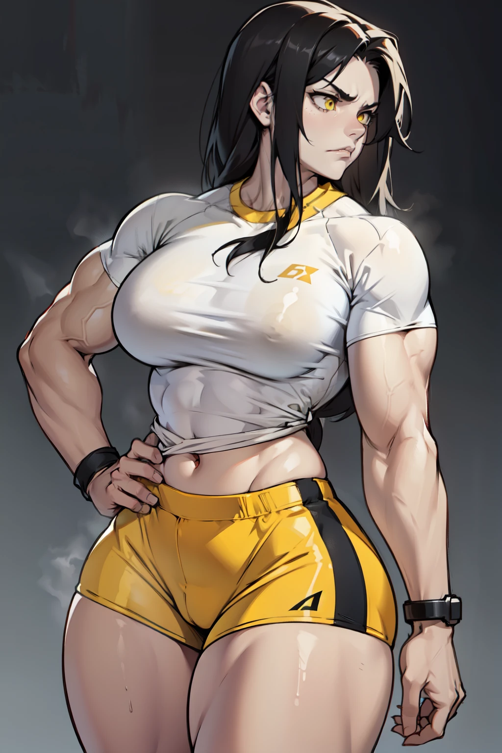 ((1girl)) pale skin large breasts (muscular) toned body thick thighs black hair yellow eyes (long hair grey background) bodybuilder angry tight shirt