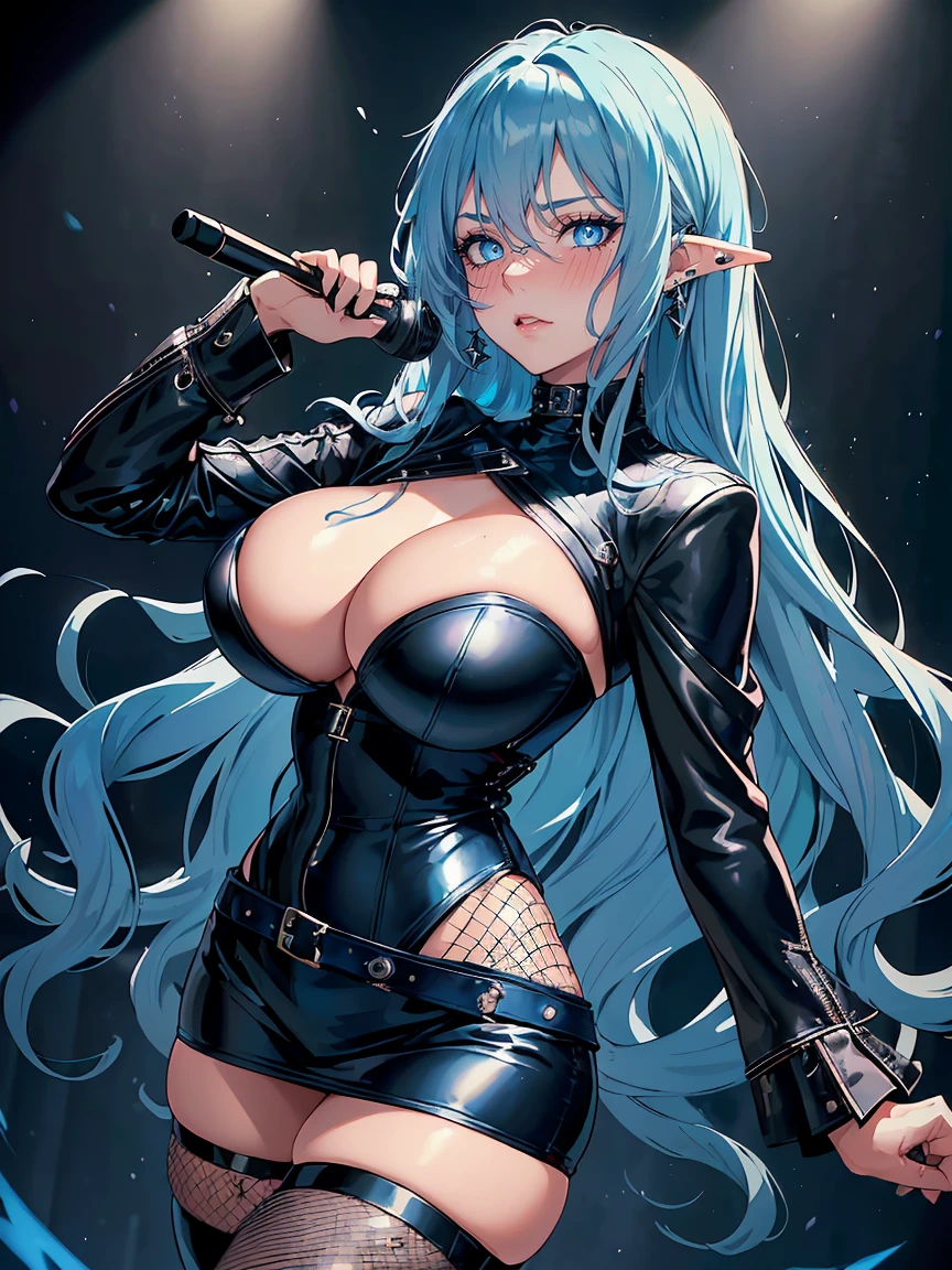 handsome older WOMAN,blue-eyes,blue pupils,Long blue hair,Hyperresolution,accuracy,Detailed rendering,(Subtle facial image)(Image of fine hair)(topquality)(Masterpieces of masters)(High degree of completeness)(A sense of atmosphere)tmasterpiece,Super detailed and super detailed(half-body portrait), SHORT wavy blue hair, (((tHICK WAVY HAIR)))(((Blushing)))(((Huge breasts)))(((LARGER BREASTS))) large breasts, bigger breasts (((Bigger breasts))) (((Blushing))) (((Sakimichan))) (((blue hair))) (((black Rockstar outfit))) (((Leather black outfit))) (((Rockstar)))(((Fishnet tights)))(((cASUAL ROCK OUTFIT))) (((gRUNGE OUTFIT))) (((rOCK MAKEUP))) (((sINGING))) (((bLACK LEATHER OUTFIT))) (((bLACK EYELINER)))(((Fierce expression))) (((Focused)))((Sexy latex outfit)))(((Elf ears)))(((Spotlight)))