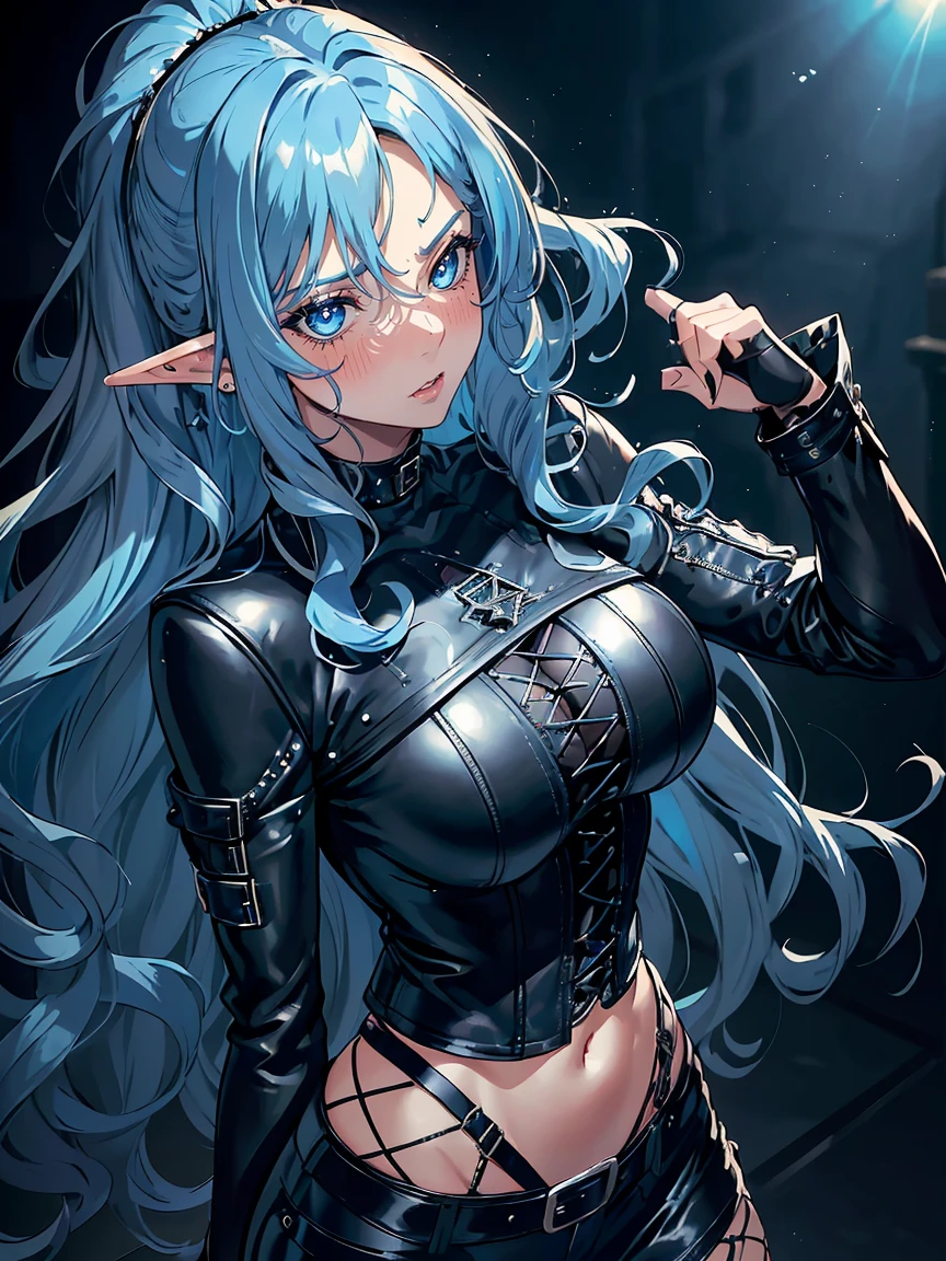 Tiefling woman with turquoise hair, vest and jeans, black shirt, Accessoires chain and rings, tatto over eyes, steampunk, looks angry, magic blue and orange fire, green eyes, tatto on arm, Best quality, perfect face, high detailed eyes, hyperdetailed, detailed Face,detailed butt, perfect sexy butt, back,bend over,show sexy ass,