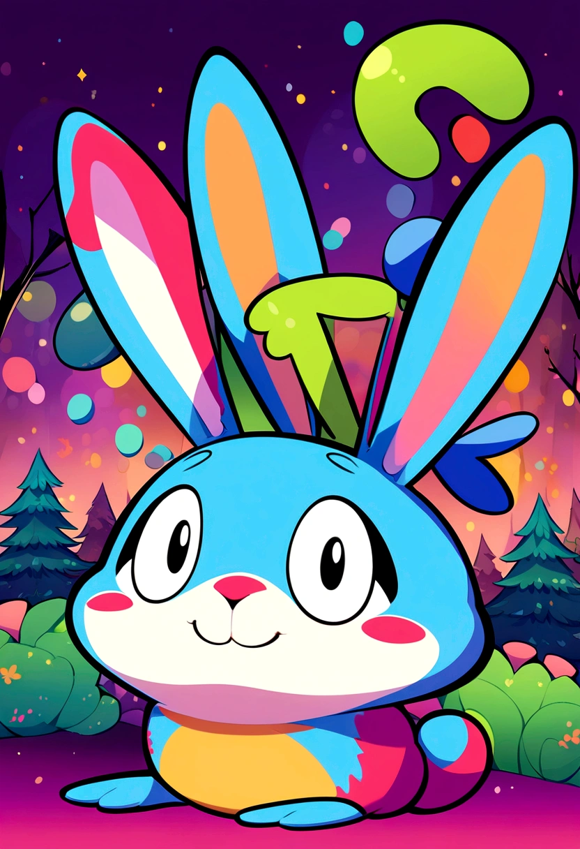 Cartoon character of a playful Pixar style rabbit with a dark forest background