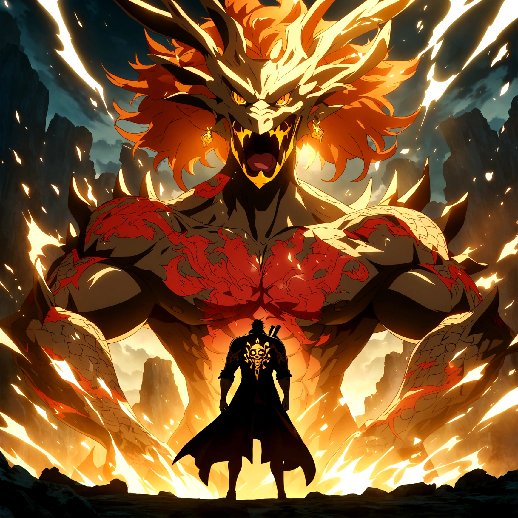 man, muscular body, brown skin, orange hair, orange eyes, dragon tattoos on the body, dragon-shaped earring, open coat with dragons drawn on it, arrogant expression, "One Piece-inspired features, full of dramatic and incredible lighting, dramatic lighting, infused with creative details, ultra-fine 2D design, scenery bathed in creativity, boasting HD anime resolution clarity, HD anime graphics, high-octane rendering"