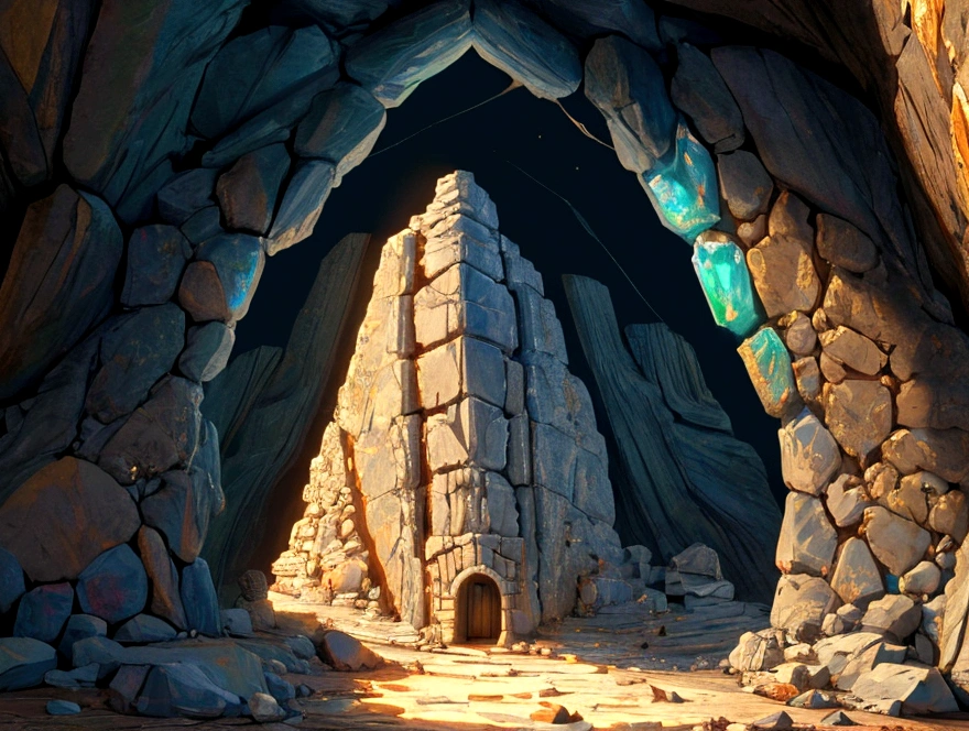(best quality)), ((masterpiece)), (detailed), Caves with luminescent crystals, tunnels with minerals, a large rock door carved with geometric viking patterns, Mythological Dwarves, anime art style, HD, 4k