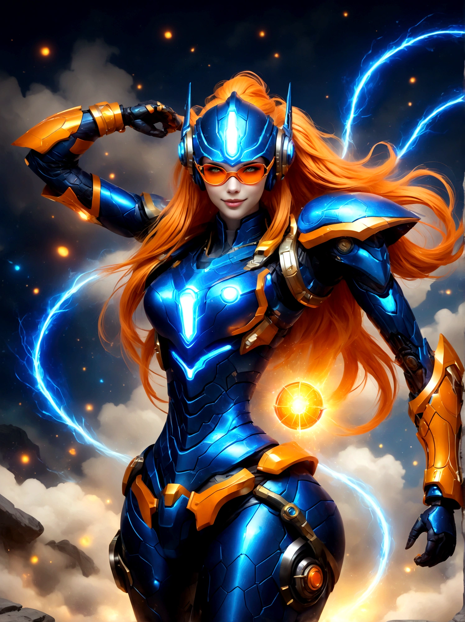 Game character design，3D character rendering，(((Vector illustration, flat illustration)))，League of Legends Jinx，((1girl，Blue double ponytail，Red eyes，big laughter，future warrior，Mechanical Warframe，Decorated with luminous lines and rivets，With streamer effect or LED light embellishment，Laser cannon、Ion cannon or pulse cannon))，((hair design：Brilliant deep blue，Add some glowing elements，Futuristic headgear such as orange photoelectric glasses or head-mounted display))，((Expression design：Add some glowing lines or orange LED light effects to the facial decoration，Design different facial expressions，Highlight the image of future warriors))，(action design：On the move、When releasing a skill or attacking，Add some special effects and animations，Highlight the sense of future and combat)，((Special effects design：Add cool orange light effects、Electromagnetic wave effect or virtual interface，Enhance the visual impact of skin)), ((standing on your feet，Metal heels, Glowing lines or orange LED light effect)), (full body shot of: 1.5)，jinx (league of legends)