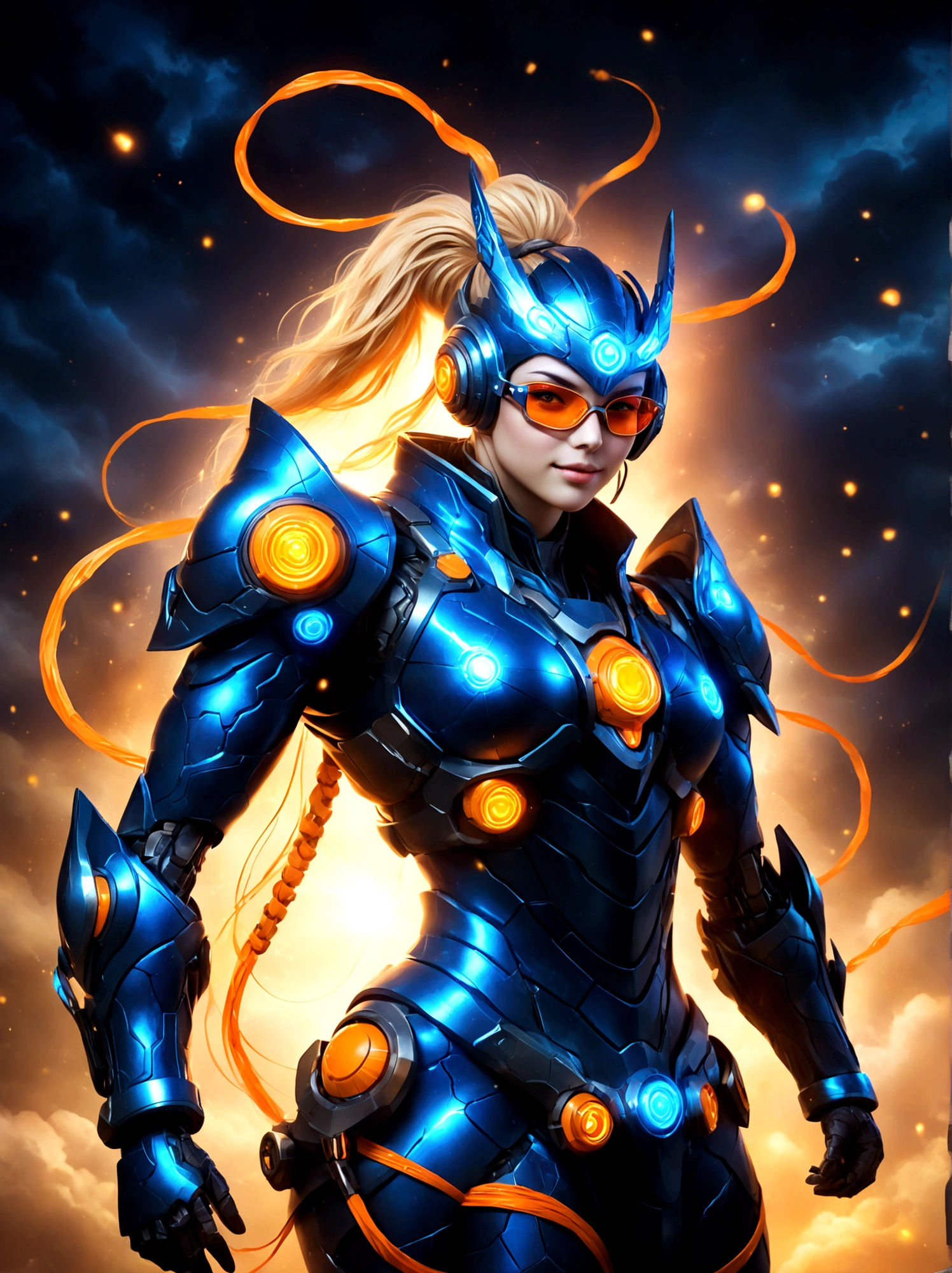 Game character design，3D character rendering，(((Vector illustration, flat illustration)))，League of Legends Jinx，((1girl，Blue double ponytail，Red eyes，big laughter，future warrior，Mechanical Warframe，Decorated with luminous lines and rivets，With streamer effect or LED light embellishment，Laser cannon、Ion cannon or pulse cannon))，((hair design：Brilliant deep blue，Add some glowing elements，Futuristic headgear such as orange photoelectric glasses or head-mounted display))，((Expression design：Add some glowing lines or orange LED light effects to the facial decoration，Design different facial expressions，Highlight the image of future warriors))，(action design：On the move、When releasing a skill or attacking，Add some special effects and animations，Highlight the sense of future and combat)，((Special effects design：Add cool orange light effects、Electromagnetic wave effect or virtual interface，Enhance the visual impact of skin)), ((standing on your feet，Metal heels, Glowing lines or orange LED light effect)), (full body shot of: 1.5)，jinx (league of legends)