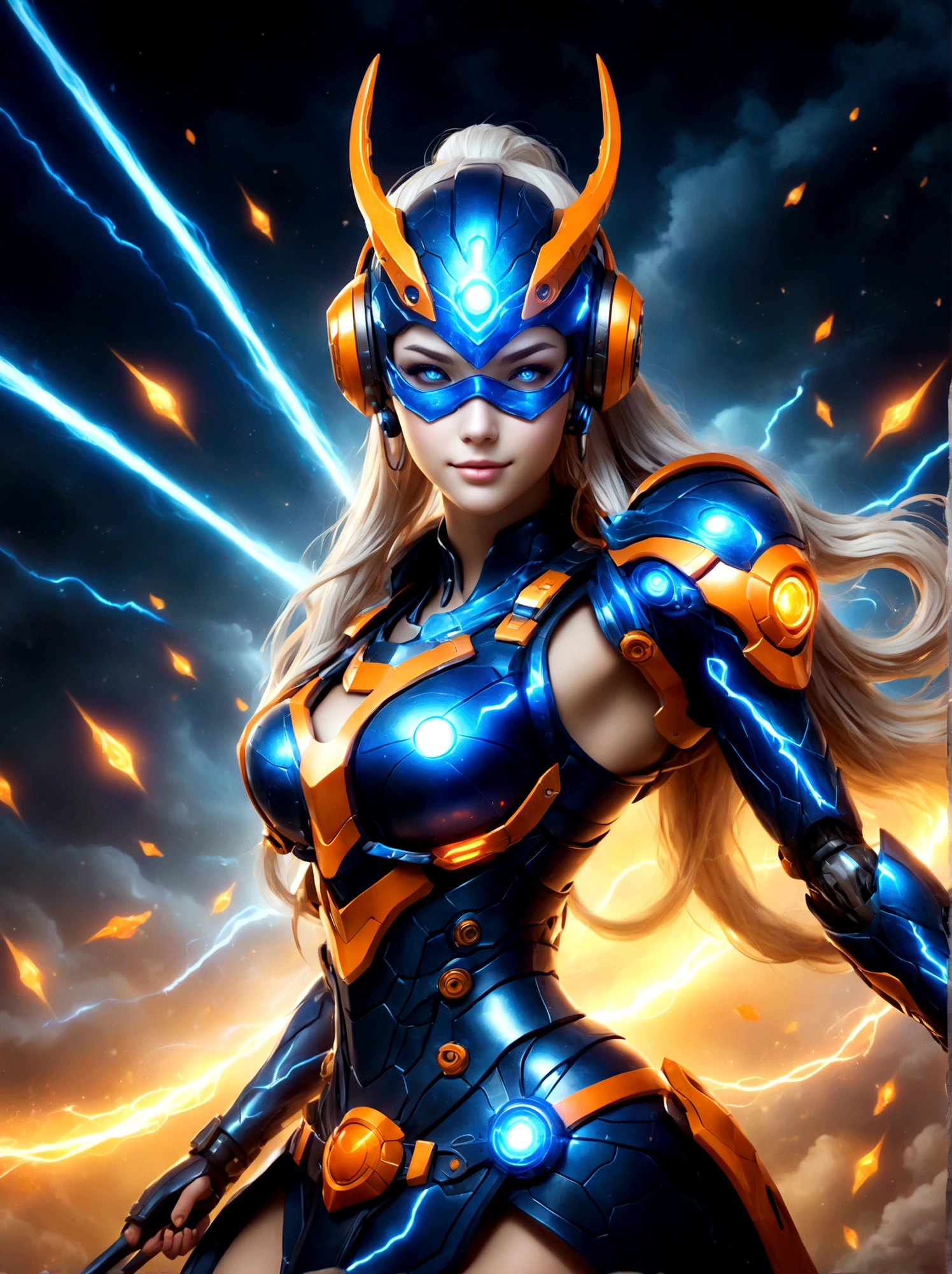 Game character design，3D character rendering，(((Vector illustration, flat illustration)))，League of Legends Jinx，((1girl，Blue double ponytail，Red eyes，big laughter，future warrior，Mechanical Warframe，Decorated with luminous lines and rivets，With streamer effect or LED light embellishment，Laser cannon、Ion cannon or pulse cannon))，((hair design：Brilliant deep blue，Add some glowing elements，Futuristic headgear such as orange photoelectric glasses or head-mounted display))，((Expression design：Add some glowing lines or orange LED light effects to the facial decoration，Design different facial expressions，Highlight the image of future warriors))，(action design：On the move、When releasing a skill or attacking，Add some special effects and animations，Highlight the sense of future and combat)，((Special effects design：Add cool orange light effects、Electromagnetic wave effect or virtual interface，Enhance the visual impact of skin)), ((standing on your feet，Metal heels, Glowing lines or orange LED light effect)), (full body shot of: 1.5)，jinx (league of legends)