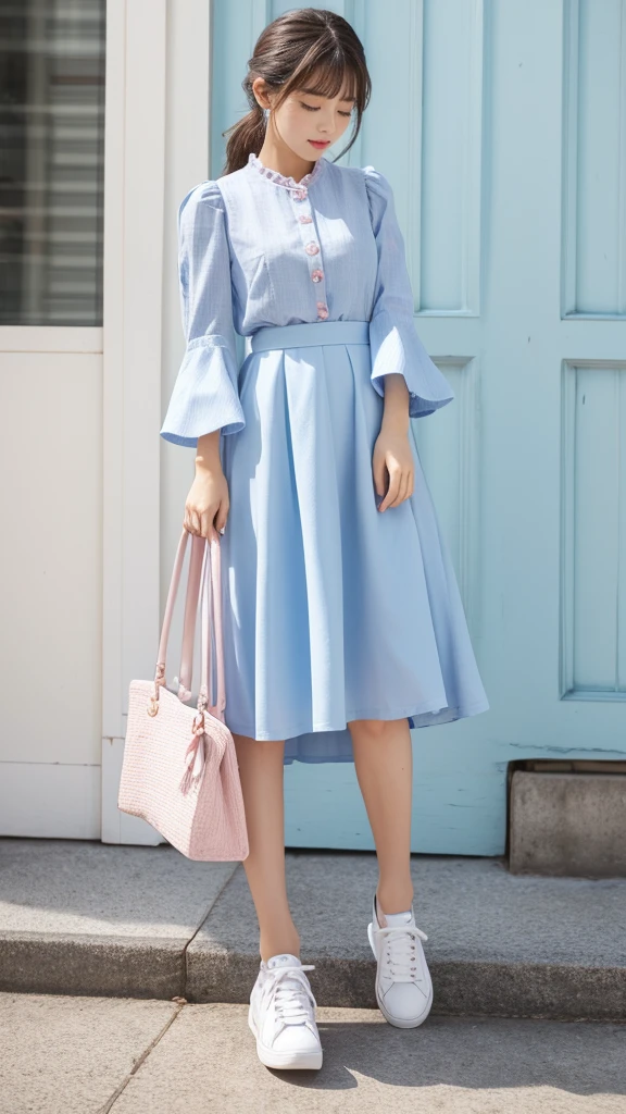 Blue slit long skirt girl，Wear a dress，Light blue piping dress，Stand gracefully，（Lateral face：2），frontage