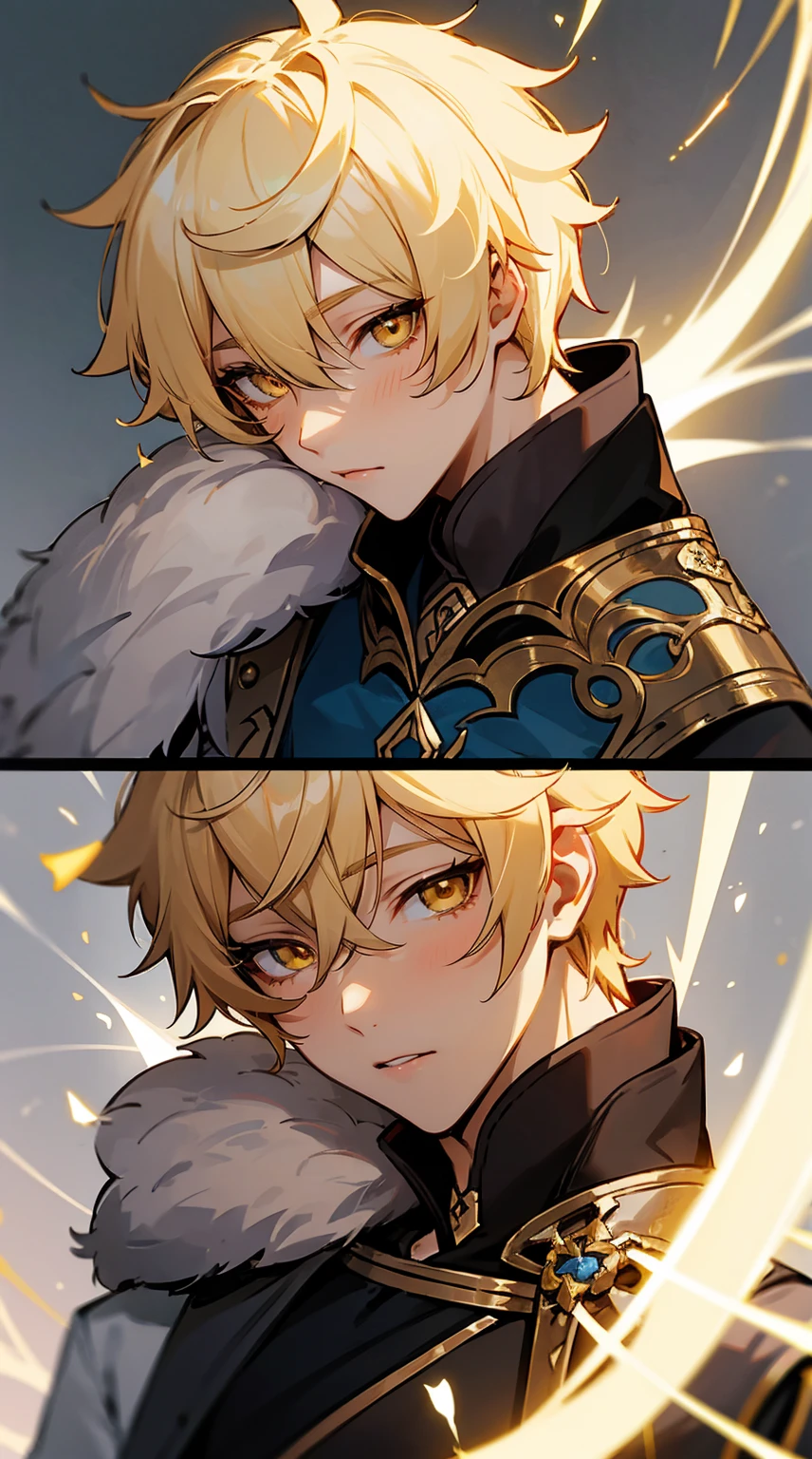 Aether from Genshin Impact. Blonde short hair. 1boy. Golden eyes. kissing a female.