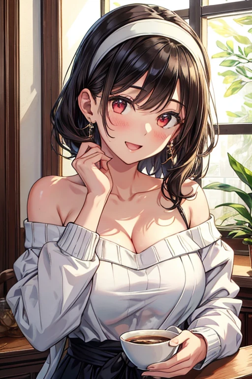 masterpiece, 1girl, Amazing Cleavage:1.3, thin waist, big ass, Raised sexy, medium breast:1.3,posed cleavage:1.2,solo, looking at viewer, open mouth, have a cup of coffee,black hair, red eyes, dress, bare shoulders, jewelry, collarbone, sidelocks, hairband, earrings, indoors, off shoulder, :o, sweater, arms behind back, plant, short hair with long locks, white hairband, off-shoulder dress, sweater dress, off-shoulder sweater, red sweater, big side hair, very long side hair,is rendered in (masterpiece: 1.2, best quality), with (ultra high resolution) and an exquisite (depth of field). This masterpiece is not only visually stunning but also tells, make of cooking some cakes ,in the kitchen,smile,seductive weak smiling,(with sparkling eyes and a contagious smile),open mouth, Looking at Viewer,