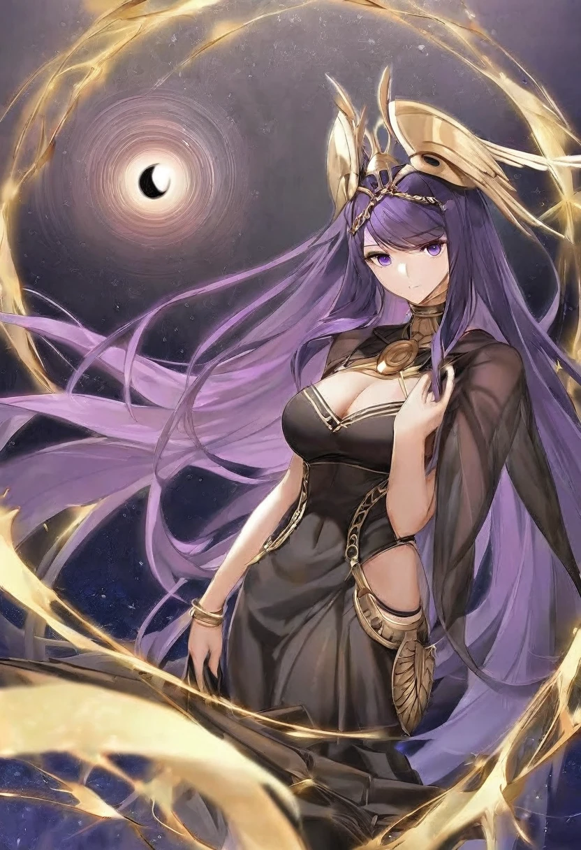 Athena，Extra long purple hair，Purple Eyes，Wearing black silk，Purple long skirt，Black long skirt，Decorated with gold stripes，But the long skirt is very sexy and revealing，barefoot，People want to rely on，Sitting posture，There is no decoration on the head，The background is a black hole in the universe，Purple and black black hole