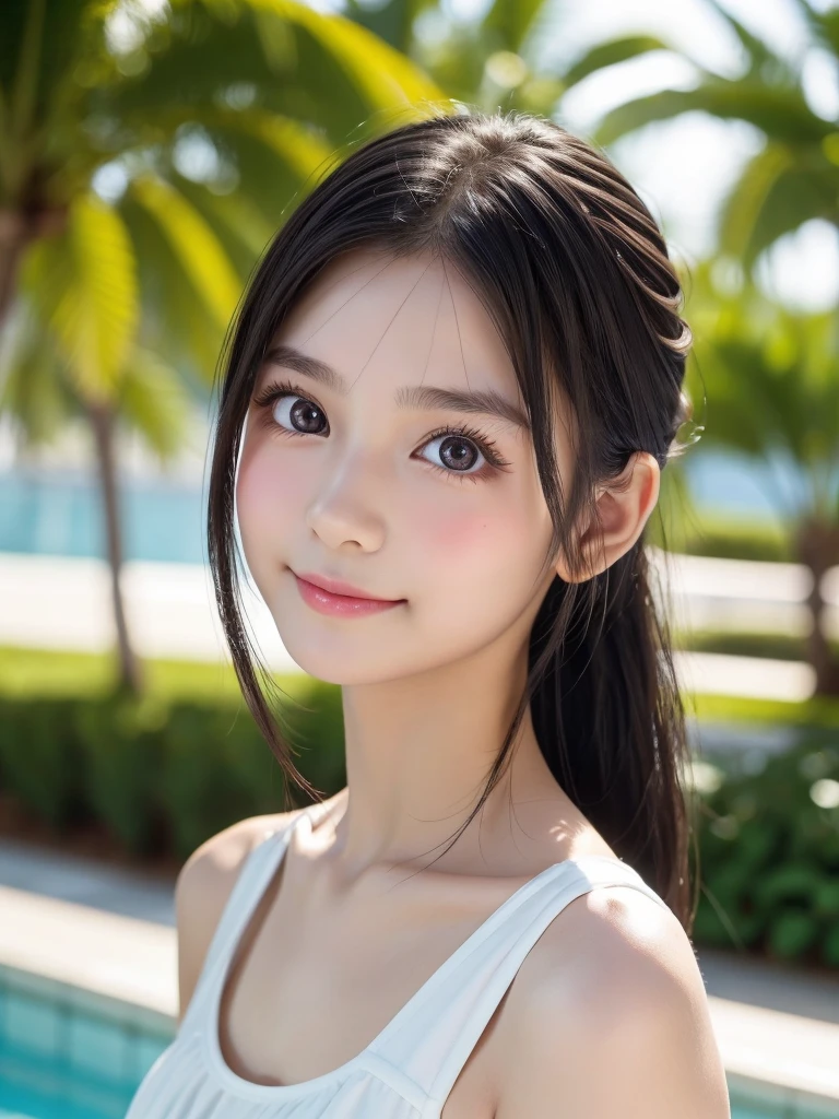 One Girl，Very cute girl ，Big eyes:0.5，The face is facing straight ahead，Body facing forward，Beautiful nose，Fuller lips，Short black hair，ponytail，Detailed eyelashes，Thin eyebrows，Symmetrical eyes，Face close-up，White swimsuit，Portrait，View Viewer, half smile:0.5,