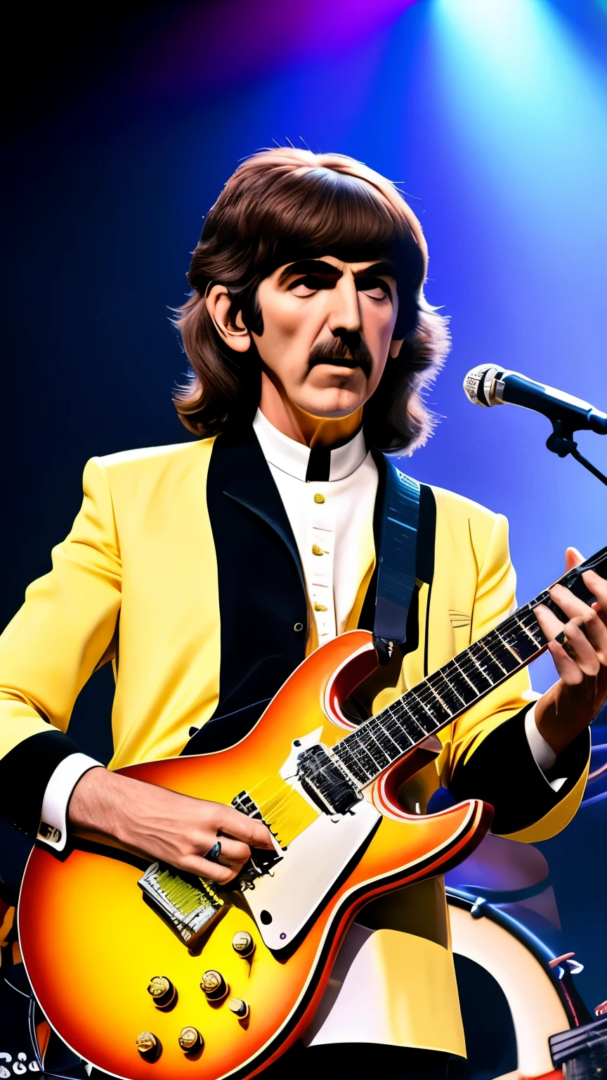 create George harrison featured playing electric guitar , no palco com THE BEATLES, 8K, uhd, realisitic