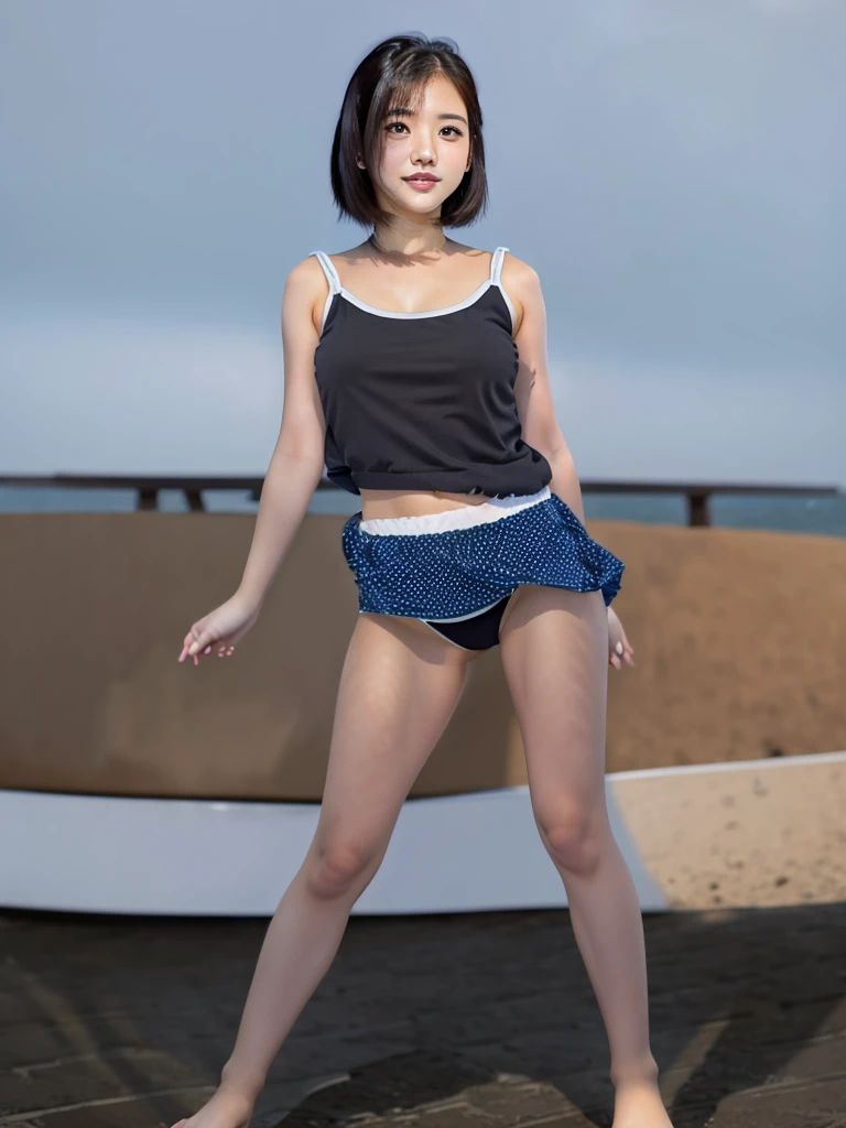 beach,An innocent Japanese beautiful girl standing on the sandy beach, high ager, full body photo, Height: 155cm, bust 79cm, Waist 55cm, Hips 90cm, Slightly thicker thighs, thin ankles, barefoot, standing tall on the sandy beach, Stand up and rest your feet, Shot straight ahead, full body photo, He straightens his back and looks down at the camera below.,Camera height is 50cm, standing position, elongated facial contour, Smile a little,sharp cheeks, round chin, clean nose, looking at the camera, thin cheeks, round chin, long eyes, beautiful eyes, black eyes, bob cut hair, brown hair, Navel tank top, White tank top with large light blue polka dots, Fluttery white mini skirt
