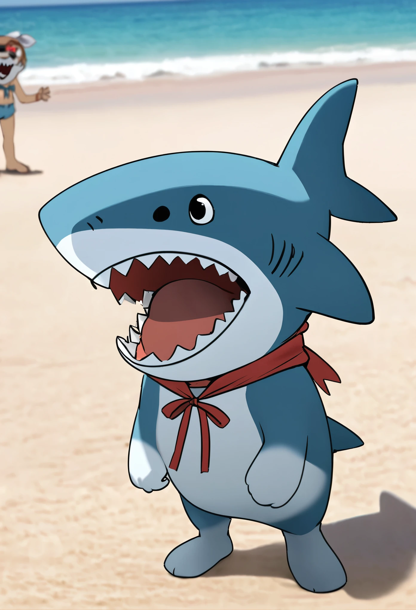 best quality, 2.5D, furry, cute shark girl, ribbon on her head, threatening but not scary at all, beach, parody of the movie "Jaws", funny