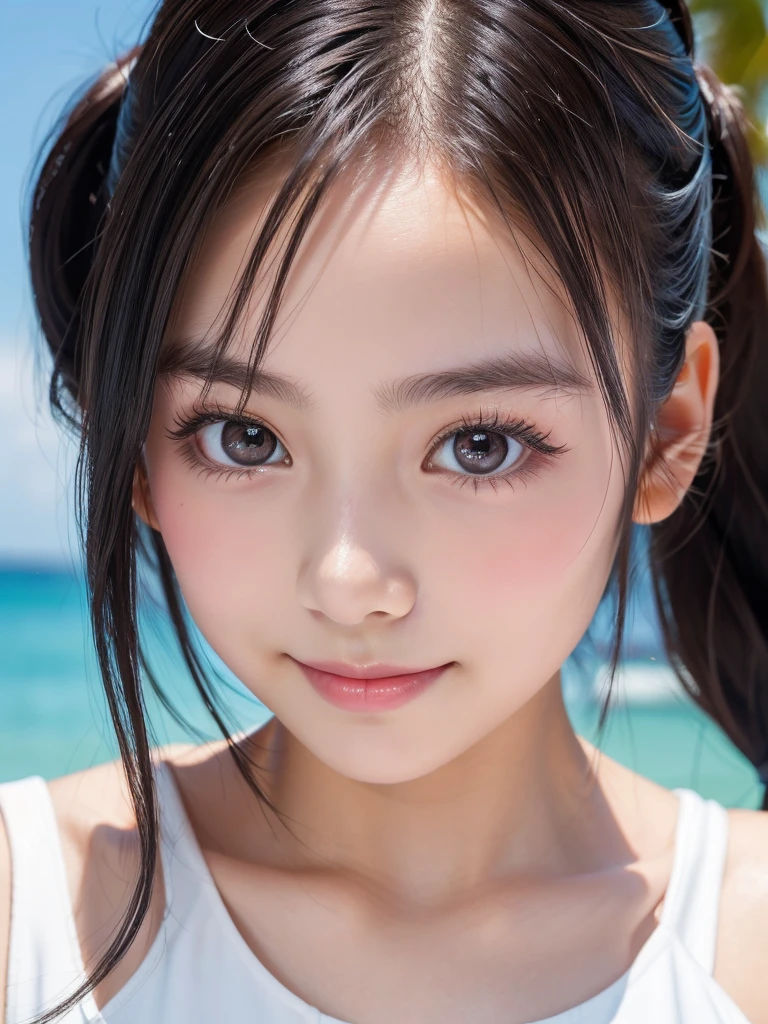 One Girl，Very cute girl at ，Big eyes:0.5，The face is facing straight ahead，Body facing forward，Beautiful nose，Fuller lips，Short black hair，ponytail，Detailed eyelashes，Thin eyebrows，Symmetrical eyes，Face close-up，White swimsuit，Portrait，View Viewer, half smile:0.5,