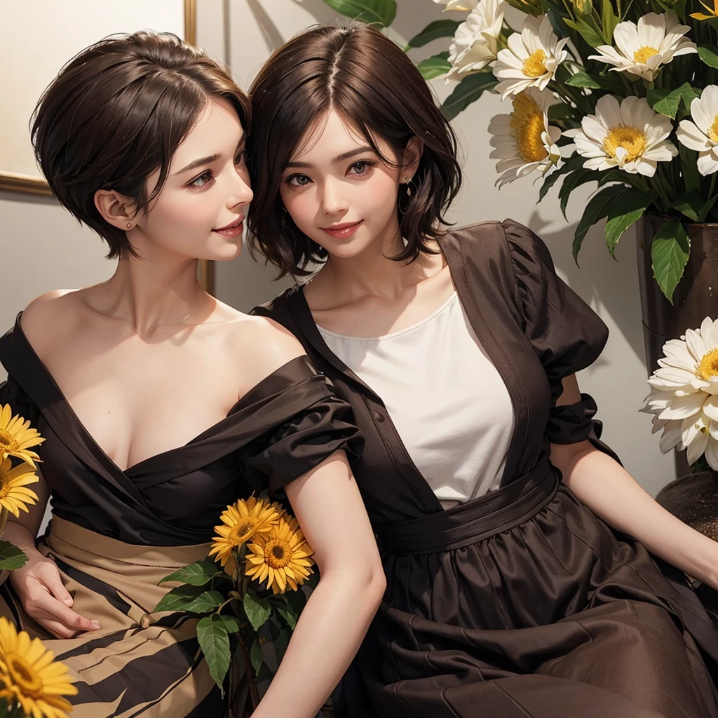 A lady, short hair type male cut, with the parting of the hair to the side, is coffee, Brown eyes, smiling, has a maternal aura, He is of medium build, she has a blouse with flowers, close up image for profile photo