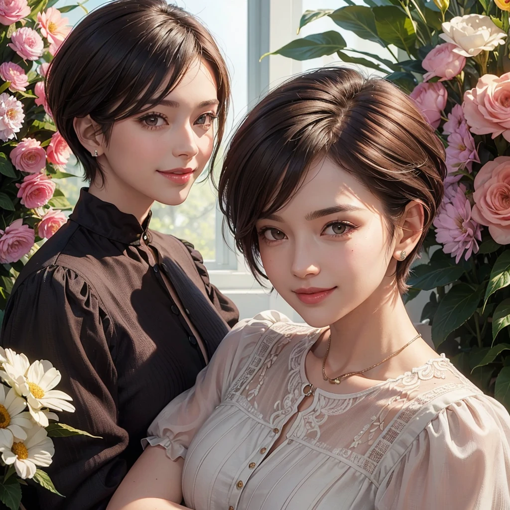 A lady, short hair type male cut, with the parting of the hair to the side, is coffee, Brown eyes, smiling, has a maternal aura, He is of medium build, she has a blouse with flowers, close up image for profile photo