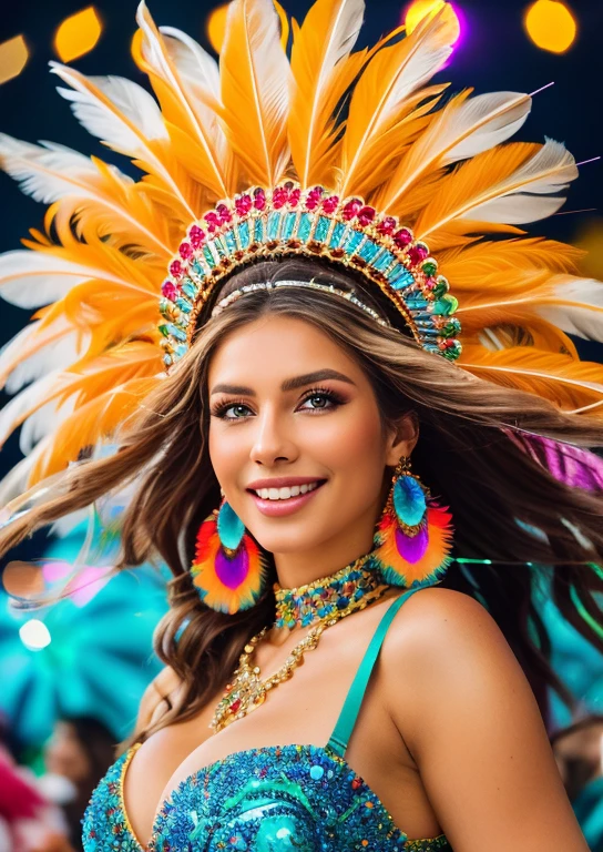 a beautiful brazilian dancer, detailed facial features, long hair, colorful carnival costume, dancing dynamic pose, vibrant colors, cinematic lighting, 8k, highly detailed, photorealistic