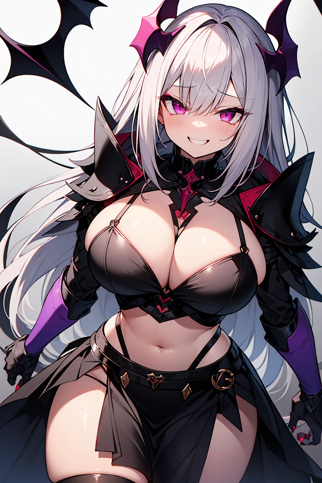 Silver Hair、Sharp Eye、Pink Eyes、vampire、Ruthless smile、Black and purple gothic armor、Black knee-highs、Large Breasts、darkness、Aggressive、Insanity、Murderous Intent、cool、Ahegao、Red nails、Red full moon