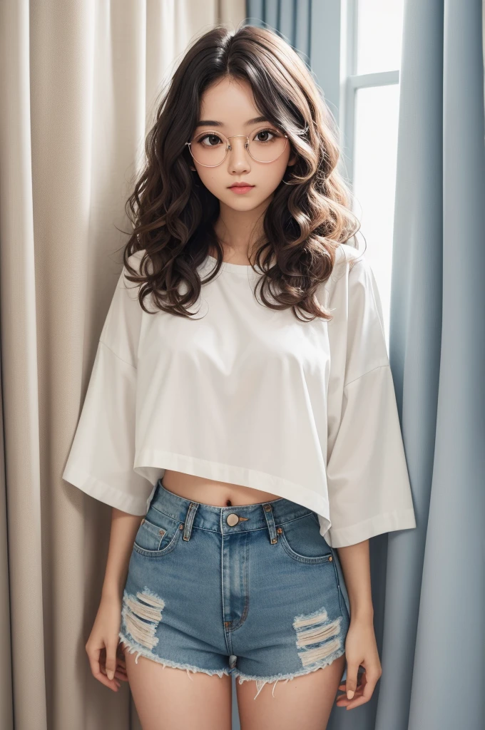 One with medium wavy hair but with some curls, curtain, with a white cropped shirt and dark denim shorts, with white round glasses and thin iron