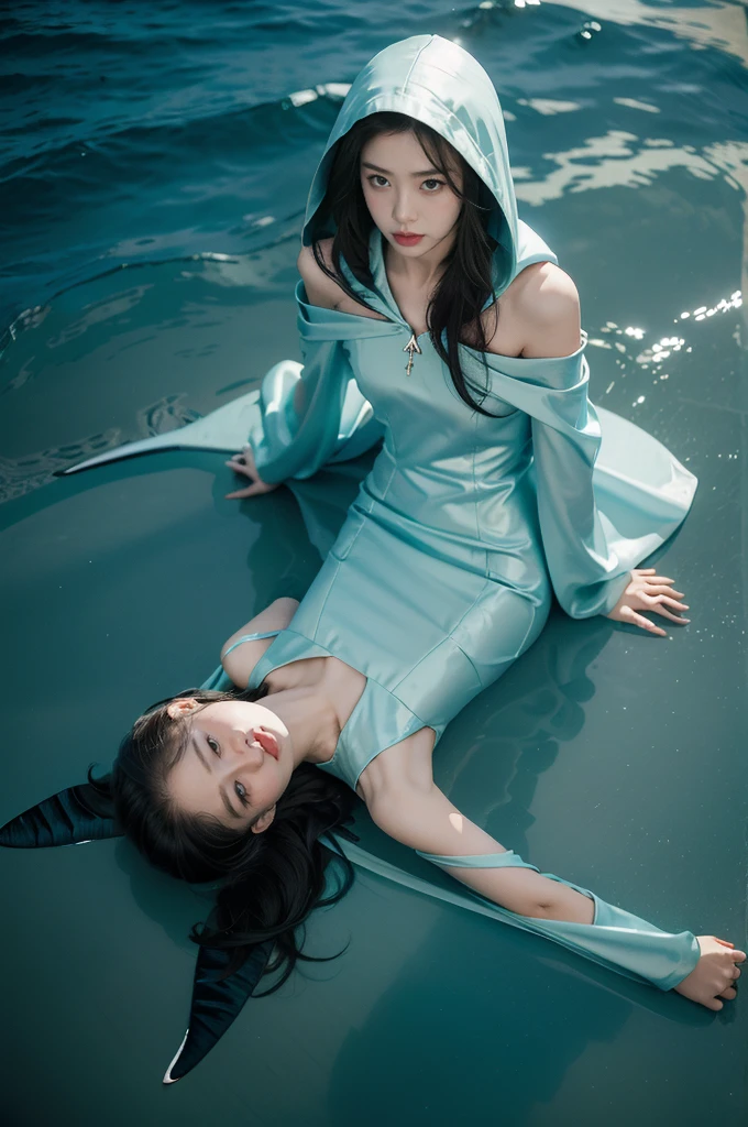 (((best quality))),(((ultra detailed))),(((masterpiece))),illustration,(1 beautiful girl,shark girl,solo),((slim,thin,small breasts,flat chest)),aquarium,summer night,(sleek shark-hooded dress:1.3),shimmering hues,enchanting aura,(shoulder length straight bob hair:1.2),ocean-blue locks,shiny seaweed,porcelain skin,neon lights,emerald eyes,sharp gaze,delicate shark fin,translucent membrane,dancing fish,vibrant colors,undulating water,salty scent,distant waves,coral reef,gentle shadows,serene ambiance,electric atmosphere,Alezandra,oceanic magic,allure,enchantment,vision,extraordinary presence
