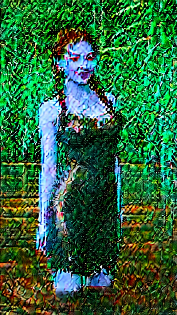 Candid, outdoor photograph featuring a woman with long, dark hair styled in two braids. She has fair skin and is wearing a white, sleeveless dress that is heavily soiled with mud and dirt. The background shows a lush, green, forested area with a body of water covered in green algae. The overall mood of the image is raw and natural, capturing the subject in a moment of interaction with the muddy environment.