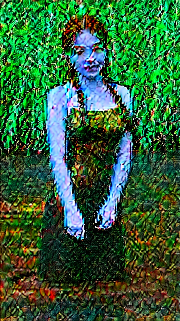 Candid, outdoor photograph featuring a woman with long, dark hair styled in two braids. She has fair skin and is wearing a white, sleeveless dress that is heavily soiled with mud and dirt. The background shows a lush, green, forested area with a body of water covered in green algae. The overall mood of the image is raw and natural, capturing the subject in a moment of interaction with the muddy environment.