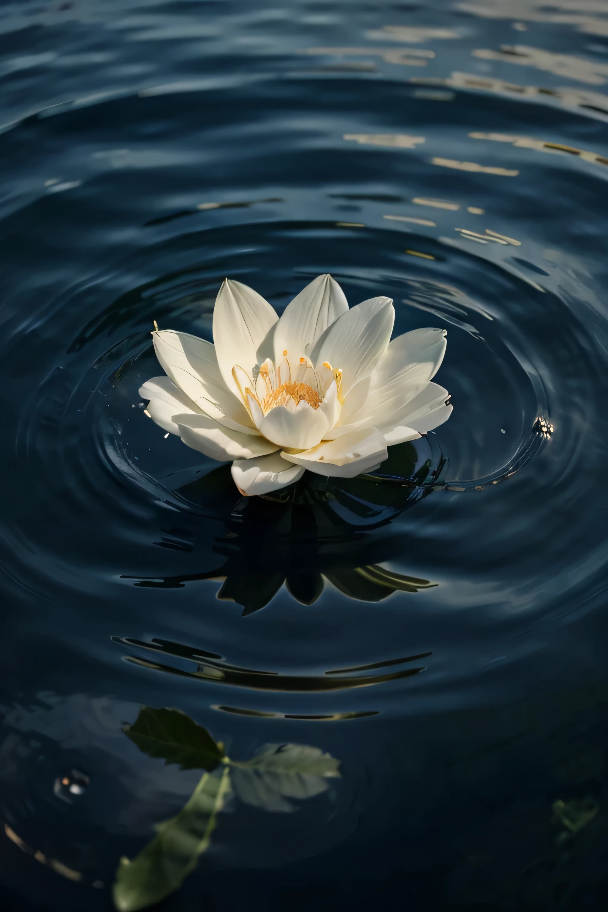 A stunning close-up portrait photograph of a delicate white flower floating on the water's surface. The flower is accompanied by a gentle ripple, creating a tranquil atmosphere. 