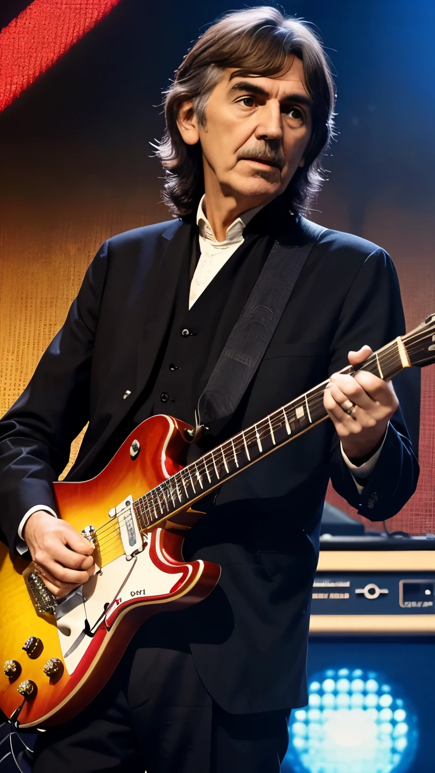 create George harrison featured playing electric guitar , no palco com THE BEATLES, 8K, uhd, realisitic