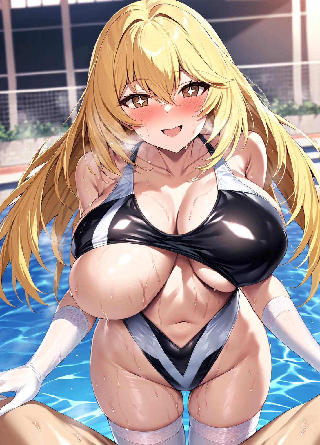 ((score_9, score_8_up, score_7_up, score_6_up,source_anime, BREAK, shokuhou misaki, blonde hair, brown eyes, long hair, hair between eyes, sparkling eyes, 1girl, white thighhighs, white elbow gloves,big breast)),((enamel black high leg Competitive swimsuit)),(Heavy breathing,blush, sweat, Sweaty and wet all over,Steam,)half open eyes,Smile,close mouth,pool side,pov, Looking at Viewer,